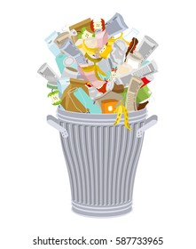 Trash Can With Rubbish Isolated. Wheelie Bin With Garbage On White Background. Dumpster Iron. Peel From Banana And Stub. Tin And Old Newspaper. Bone And Packaging. Crumpled Paper And Plastic Bottle