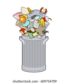 Trash can with Rubbish isolated. Wheelie bin with Garbage on white background. Dumpster iron. peel from banana and stub. Tin and old newspaper. Bone and packaging. Crumpled paper and plastic bottle