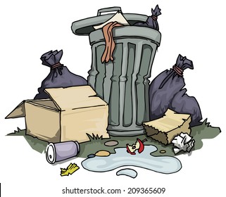 Trash can, with rubbish and old boxes around, vector illustration