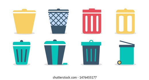 Trash can set. Collection of bin and bucket for rubbish. Recycling container. Isolated vector illustration in flat style