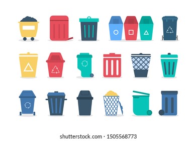 Trash can set . Collection of garbage container. Idea of pollution and environemtn conservation. Isolated vector illustration in flat style