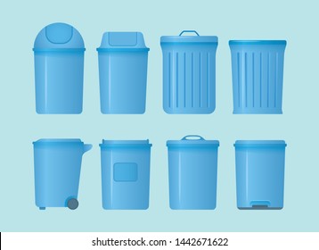 trash can set collection with various shape and models with modern flat style and blue color - vector