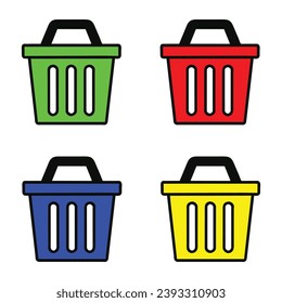 Trash can set, trash delete icon, bin and bucket for rubbish, colored recycling container, flat  vector illustration isolated