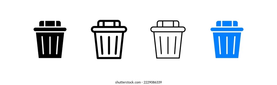 Trash can set icon. Open lid, closed, bin, throw away, rubbish, garbage, litter, clean environment, recycling, recycle. Ecology concept. Four vector icon in different styles on a white background