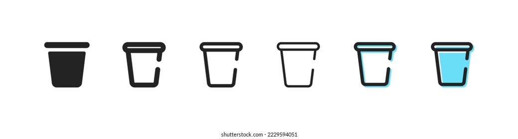 La barra diagonal puede establecer un icono. Tapa abierta, cerrada, papelera, tirada, basura, basura, basura, basura, ambiente limpio, reciclaje. Concepto de sudoración. Icono de línea de vector sobre fondo blanco