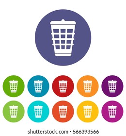 Trash can set icons in different colors isolated on white background