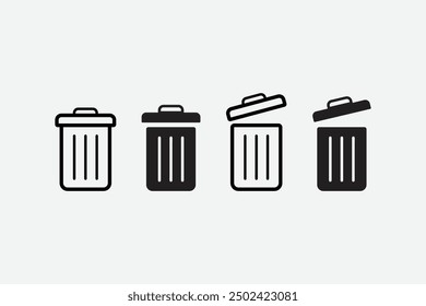 Trash can set icons. Open the lid, close it, throw it away, take out the trash, clean the environment, recycle. Vector