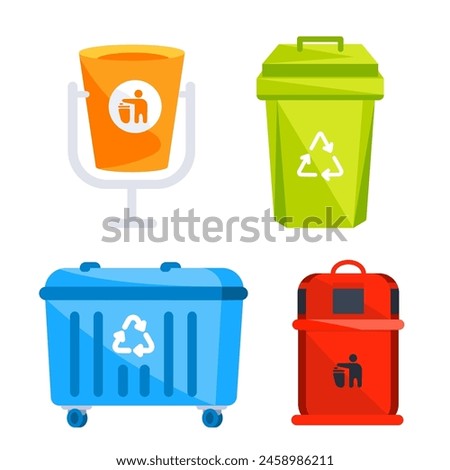 Trash can set. Metal and plastic garbage containers. Set public outdoor recycling garbage.