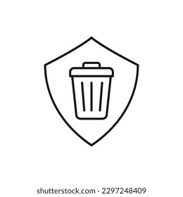 Basura y escudo. Icono de línea de tratamiento de residuos aislado en fondo blanco. Ilustración del vector