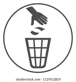 Trash can sign. Hand throwing garbage into trash bin. Vector icon.