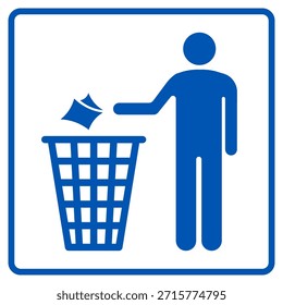 La basura puede firmar tirar la etiqueta engomada de la papelera Marco azul cuadrado aislado Diseño de Vector de pictograma 