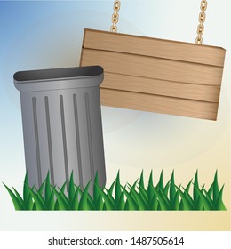 Trash can with a sign up, write on it, do not dirty the lawn, clean the garden