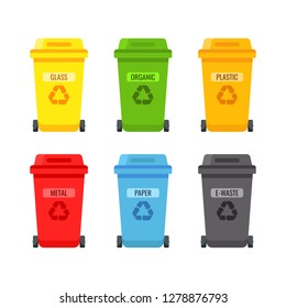 Trash can. Sorting garbage. Trash bin with different garbage. Vector icons