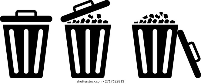 Conjunto de iconos de Estado de papelera: Ilustraciones de progreso minimalistas para contenedores de basura vacíos a completos