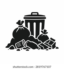 A trash can surrounded by black garbage bags and litter