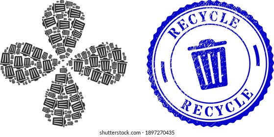 Trash can swirl flower shape, and blue round RECYCLE rubber stamp print with icon inside. Element flower combined from oriented trash can items. Vector flower collage in flat style.