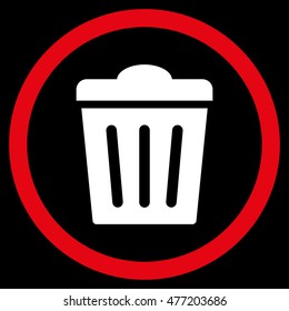 Trash Can vector bicolor rounded icon. Image style is a flat icon symbol inside a circle, red and white colors, black background.