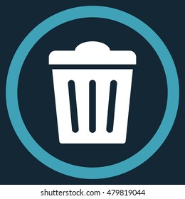 Trash Can vector bicolor rounded icon. Image style is a flat icon symbol inside a circle, blue and white colors, dark blue background.