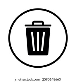 Trash Can Vector Flat Black Icon Button on White Background. Solid Delete Symbol, Recycle Bin.
