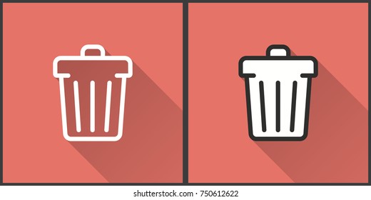 Trash can vector icon with long shadow. Illustration on red background isolated for graphic and web design.