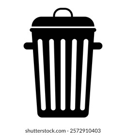 Trash can vector icon. Metal bin with lid and handles, ideal for waste management or recycling themes. Black silhouette isolated on white background.