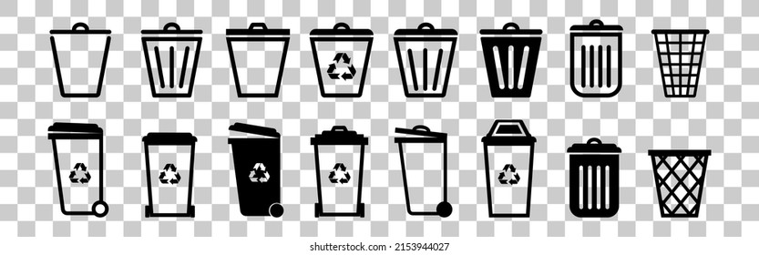 Trash can vector icon set.Bin icon set isolated on transparent background.Recycle bin.Vector trash can symbol.Garbage tank.Wastebasket.Dustbin icon.