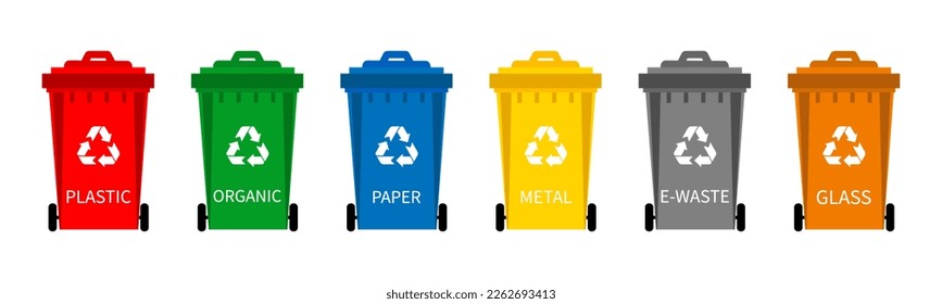 Trash can vector icon set.Set of colorful waste containers for garbage . Trash can for plastic,metal, glass, paper ,e-waste and organic.Wastebin.Garbage can.Wastebasket.Dustbin icon.