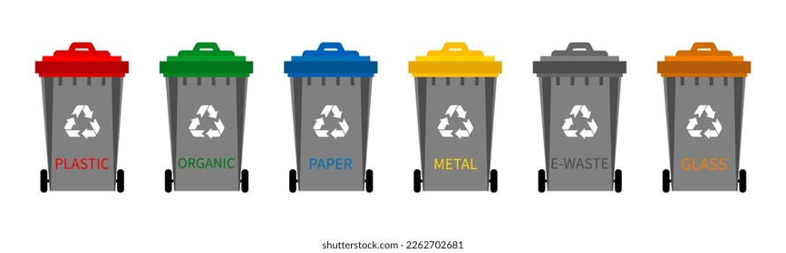 Trash can vector icon set.Set of colorful waste containers for garbage . Trash can for plastic,metal, glass, paper ,e-waste and organic.Wastebin.Garbage can.Wastebasket.Dustbin icon