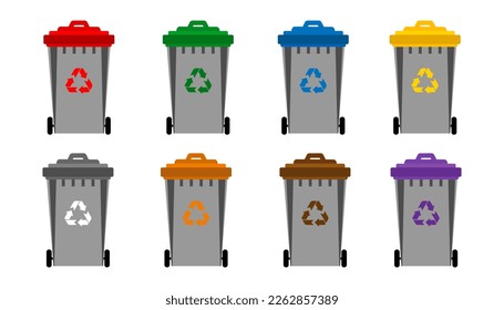 La basura puede ser un conjunto de iconos vectoriales.Conjunto de contenedores coloridos de residuos para la basura . Basura para plástico, metal, vidrio, papel, desechos electrónicos y orgánicos.