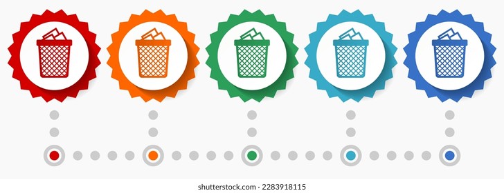 Trash can vector icon set, colorful infographic template, set of flat design badge icons in 5 color options