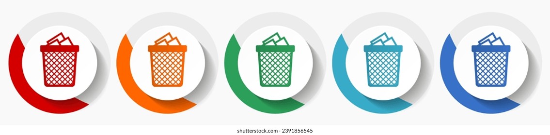 Trash can vector icon set, flat design colorful round icons in 5 color options for webdesign and mobile applications