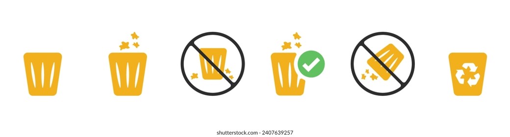 Müll kann Vektorsymbol-Set. Abfallsymbol eingestellt. Abfallbeseitigungssymbole. Keine Umweltverschmutzung. Verbot des Einstreuens von Vektorsymbol. Offener Müll kann. Recycling-Korb. Vektorgrafik.