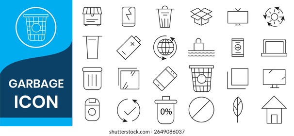 Lixo pode vetorizar o conjunto de ícones. Ícones de lixeira e lixeira. Reciclando ícones. Reciclar logotipo. Símbolo da lata de lixo vetorial. Tanque de lixo. Cesto de lixo. Ícone de lixeira. 
