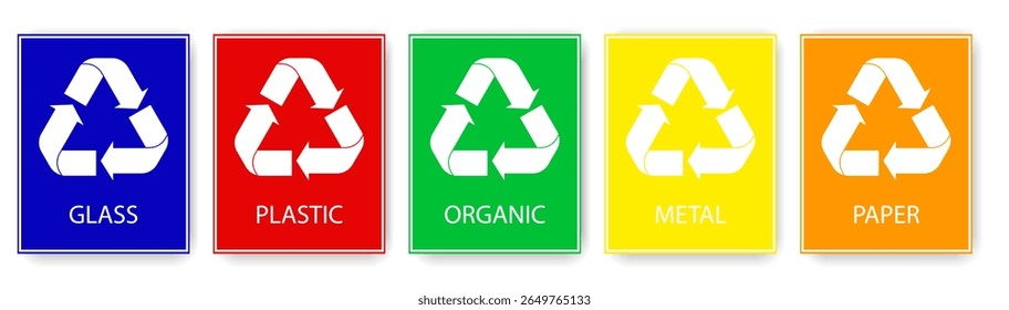 O lixo pode vetorizar ícones set.Bin e o lixo pode enviar ícones por ping. Reciclando ícones. Vidro, plástico, orgânico, metal e papel. Ilustração vetorial. EPS10