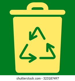 Trash Can vector icon. Style is flat symbol, yellow color, rounded angles, green background.