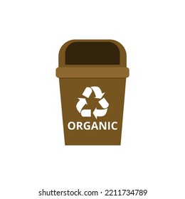 Trash can vector illustration with organic recycling symbol in brown color.