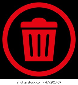 Trash Can vector rounded icon. Image style is a flat icon symbol inside a circle, red color, black background.