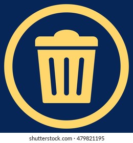 Trash Can vector rounded icon. Image style is a flat icon symbol inside a circle, yellow color, blue background.