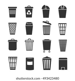 Trash can, waste basket, trash bin, garbage vector icons. Dustbin and container, trashcan bucket illustration