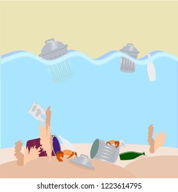 Trash can and waste in the sea or ocean .Illustration vector.