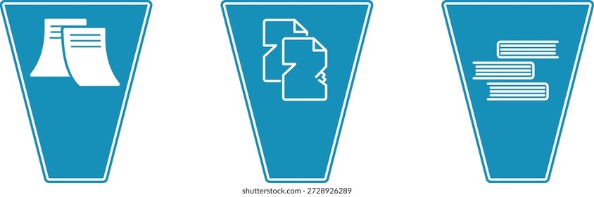 A trash can and wastebasket with office documents and crumpled paper, a household trash can with books and files. A computer trash can