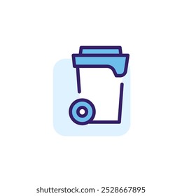 Trash can with wheels color icon with blue accents. Simple vector linear illustration. Flat pictogram with rounded corners.