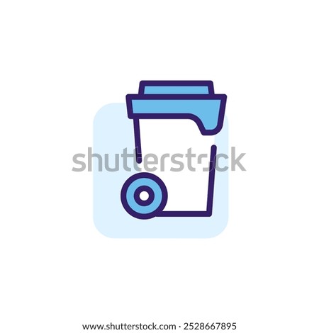 Trash can with wheels color icon with blue accents. Simple vector linear illustration. Flat pictogram with rounded corners.