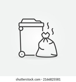 Trash Can with Wheels and Garbage Bag outline vector concept icon or design element