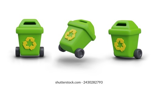 Cubo de basura con ruedas. Contenedor de basura con símbolo de reciclaje. Objeto vectorial en diferentes poses