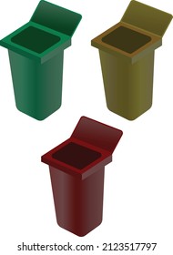 latas de basura con 3 tipos de colores para propósitos separados.