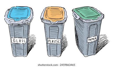 Trash cans, carbage bins, three, sorting,paper, plastic, glass, sketch, doodles, hand drawn illustration isolated on white