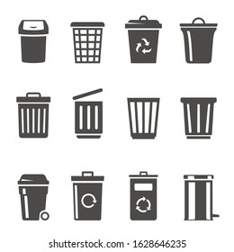 Trash cans and containers glyph icons set. Waste recycling, ecology protection, nature defence. Dustbins monochrome simple vector illustrations collection isolated on white background