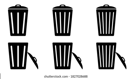 Trash cans icons set. Bin. Isolated closed and open trash cans. Vector