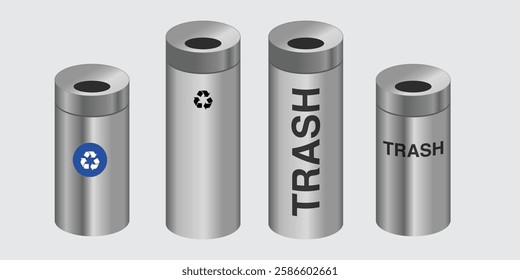 Trash cans isolated on white background. Waste bins with icons of ecological processing of products. 